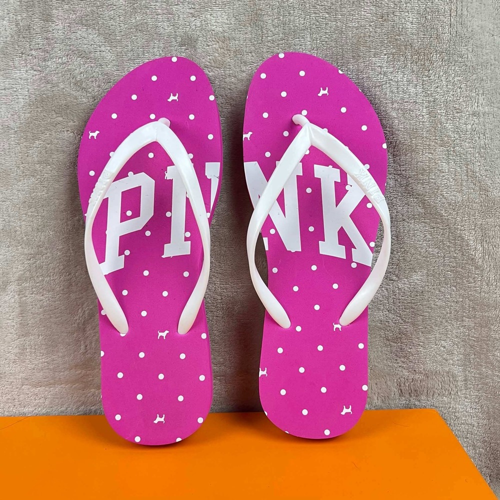 New Victorias Secret PINK Polka Dot Flip Flop Sandals Pink White Women's Size 8